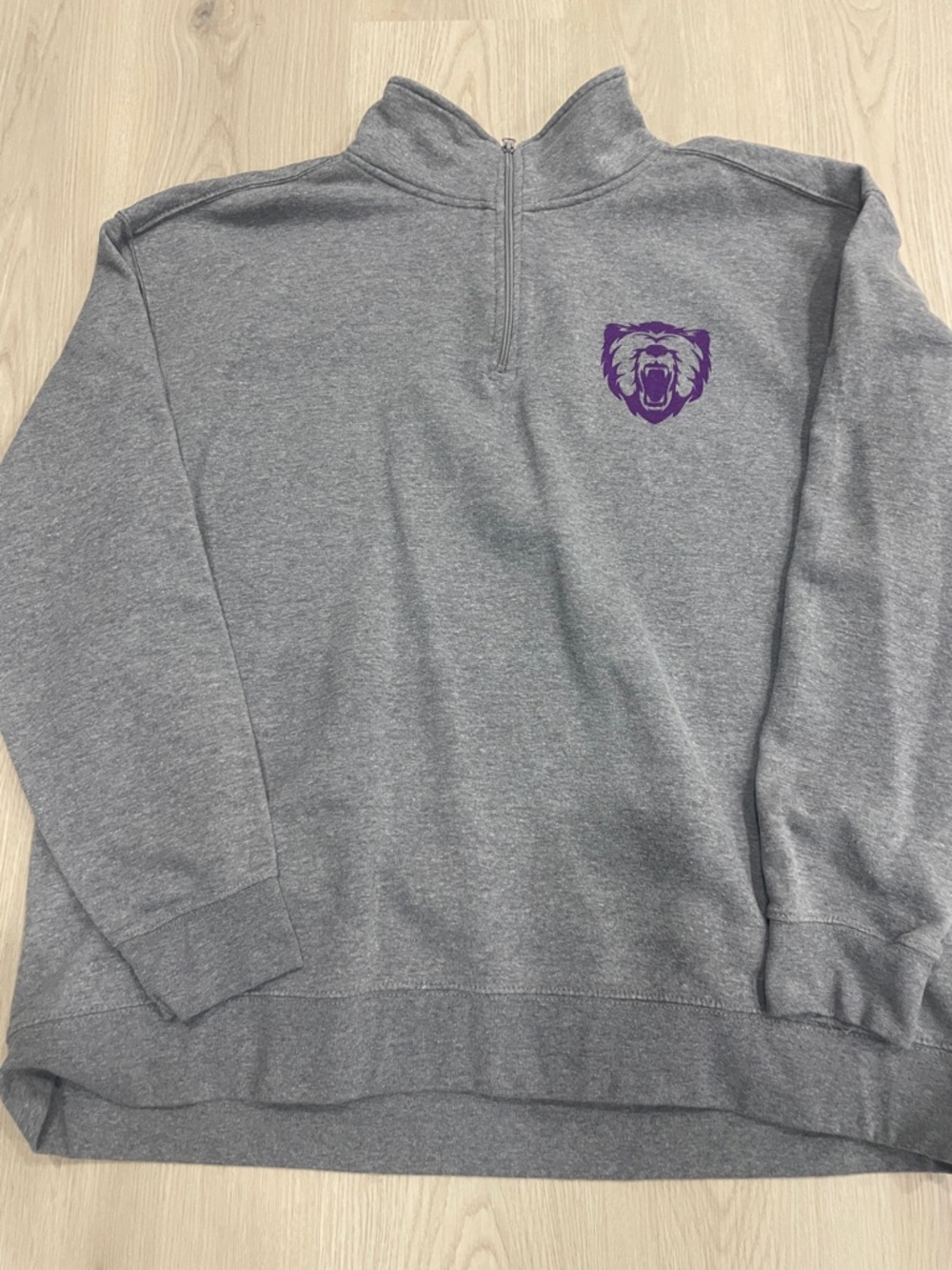 Men's Quarter-Zip Heather Gray Sweater with Purple Bear Logo